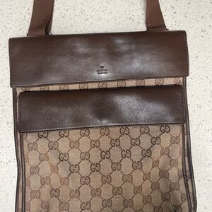 Gucci Brown Leather and Monogram Messenger Bag